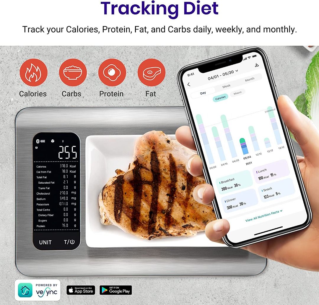 Etekcity Smart Food Nutrition Kitchen Scale Digital Grams and Ounces for Weight Loss 19 Facts Tracking Baking Cooking Portion Control Macro Keto 11 Pounds Large 304 Stainless Steel Furniture Home Livi...