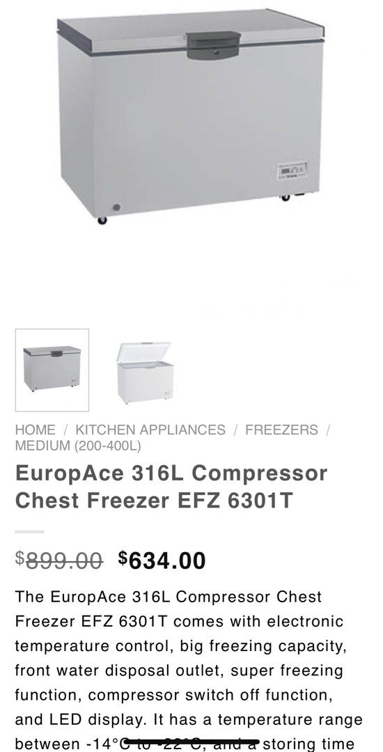 Europace 316L chest freezer, TV & Home Appliances, Kitchen Appliances