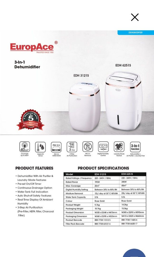 EuropAce 3in1 (Air Purifier + Dehumidifier + Laundry mode (12L) 3121S
