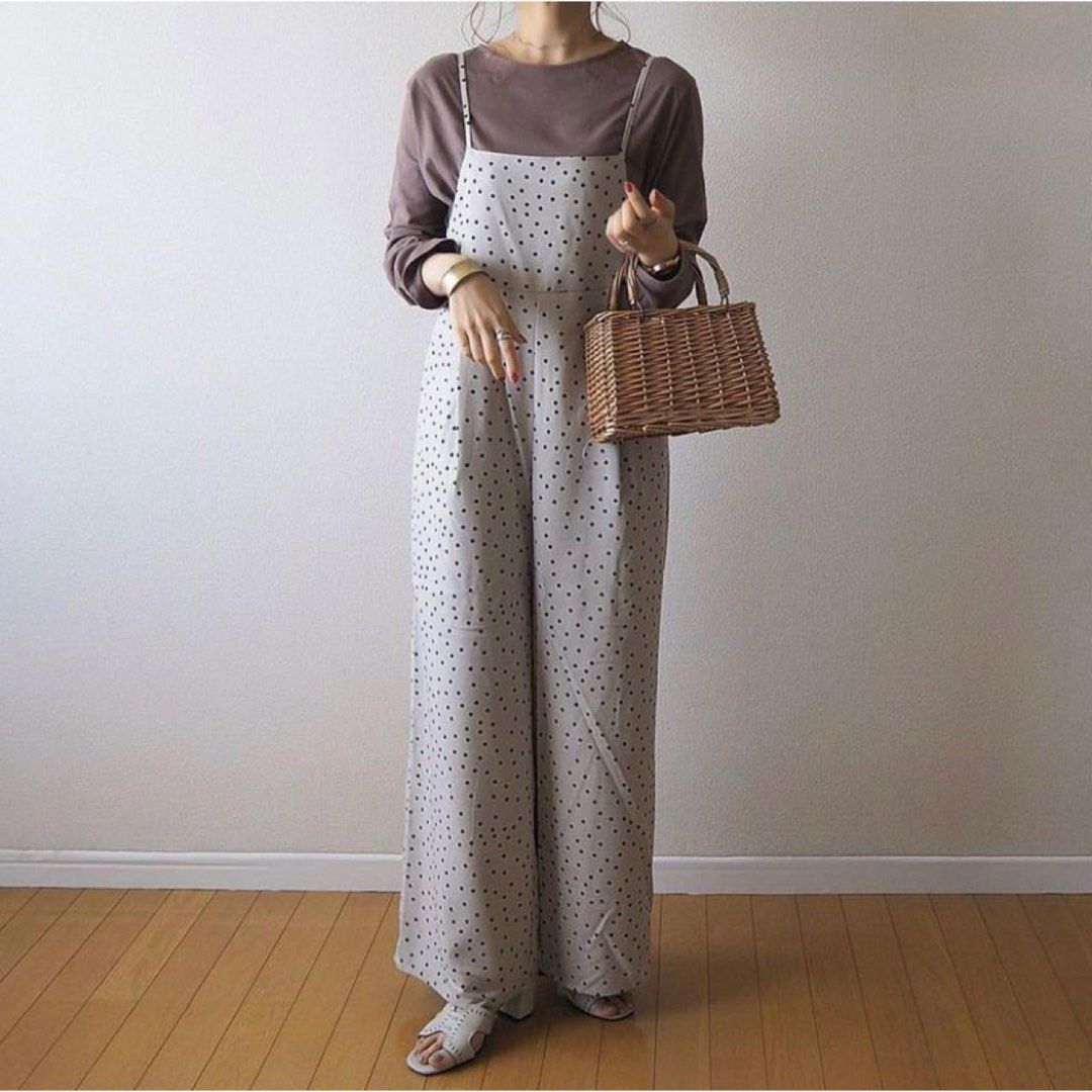 GU Back Ribbon Salopette Polka Wide Pants