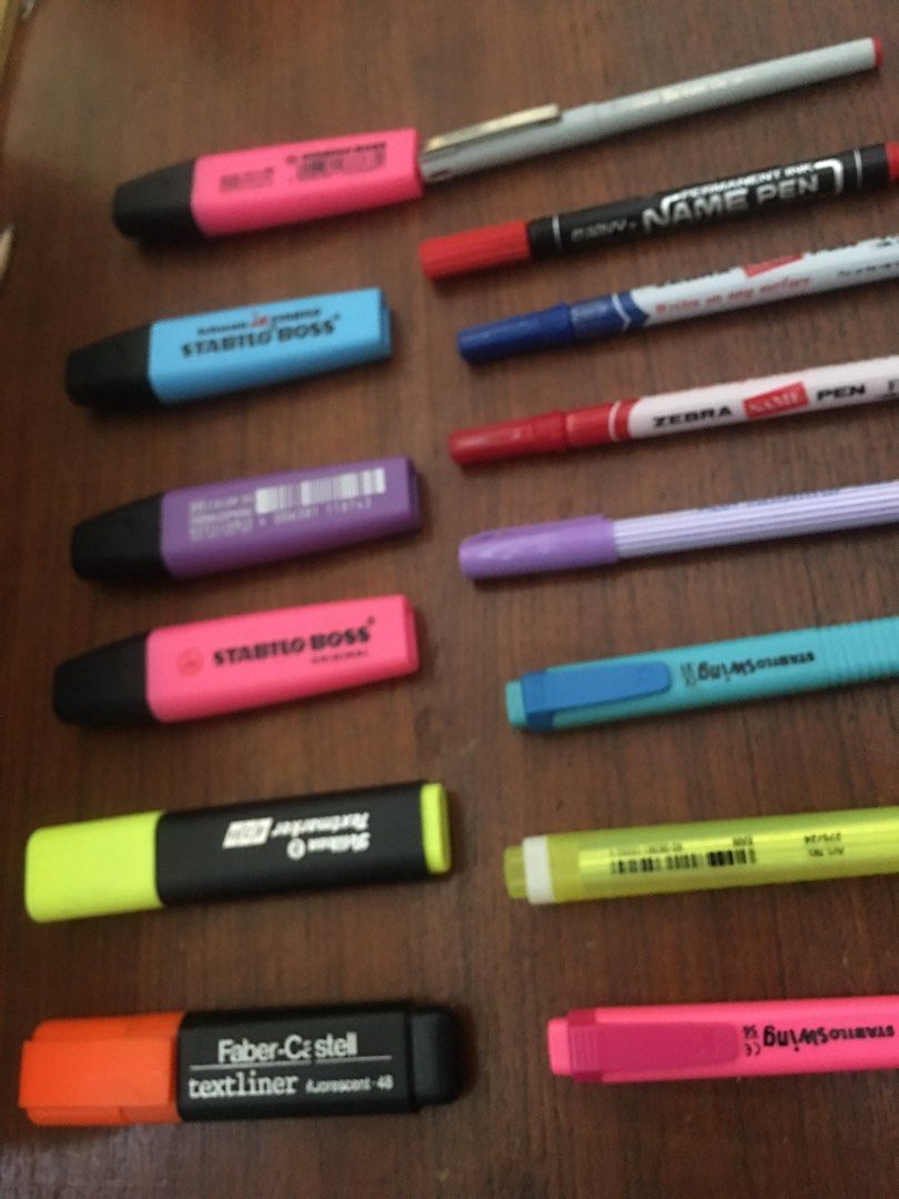 Hilitres, markers, pen, stamp pad/ink, staples/ stapler,Paper cutter