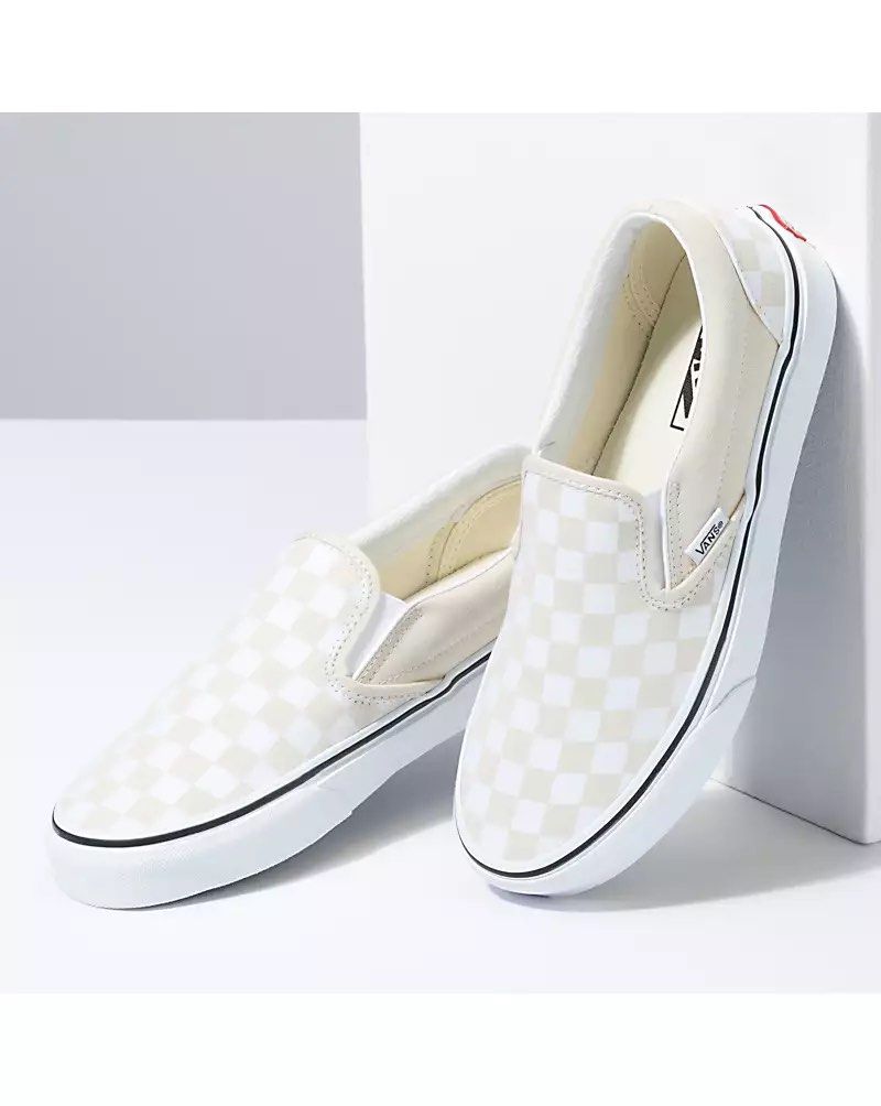 All white checkered best sale slip on vans