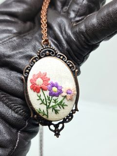 Victorian-Inspired Hand-Embroidered Floral Pendant With Free Chain