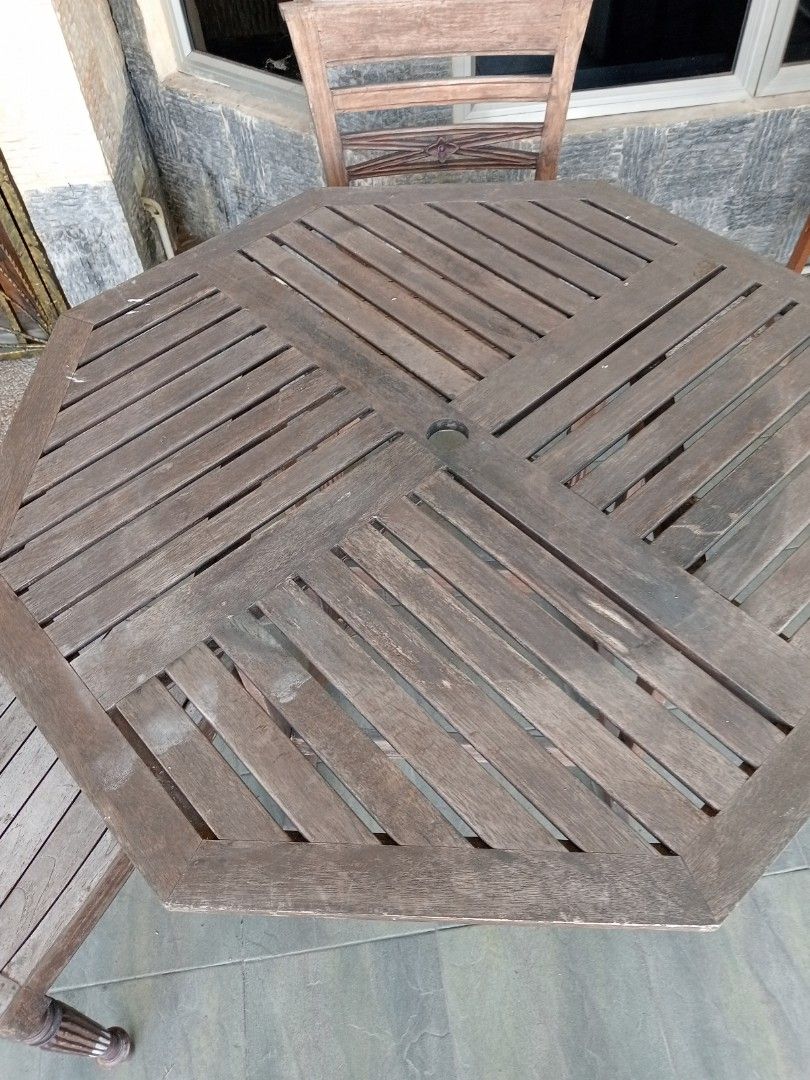 Vintage Outdoor Wooden Haxagon Table+2 chairs, Furniture & Home Living ...
