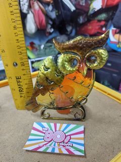 Vintage Stained Glass Shield Owl Motif Candle Holder RARE