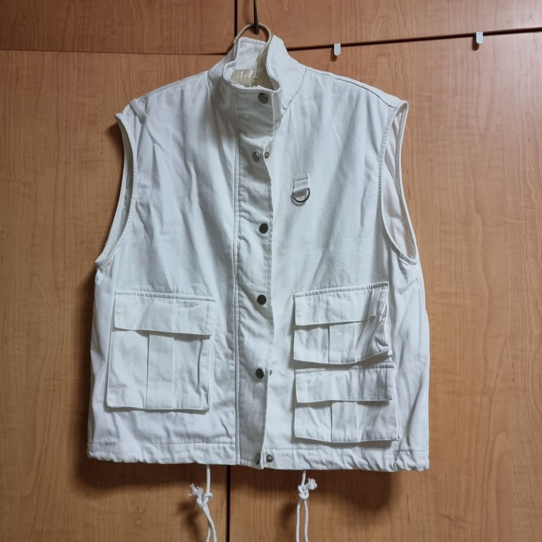 White Denim Utility Vest Women s Fashion Coats Jackets and