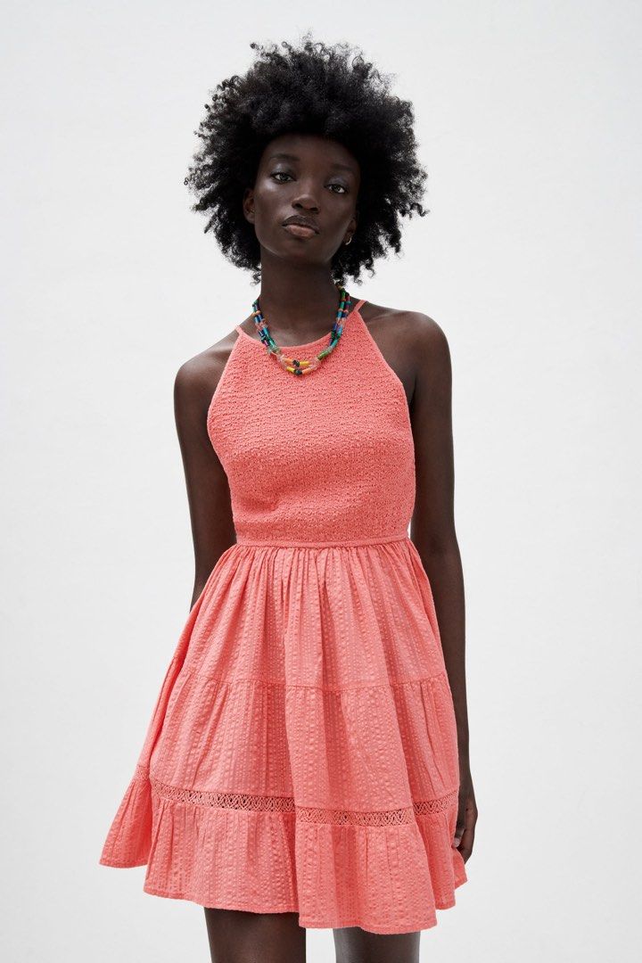 Zara Tiered Mini Dress in Coral Pink XS Women s Fashion Dresses