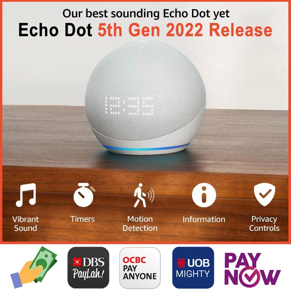 Echo Dot (5th Gen, 2022 release) with clock, Smart speaker with clock and  Alexa