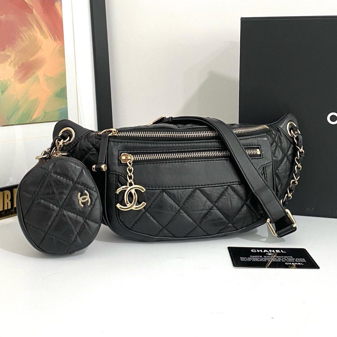 Authentic Chanel Black Aged Calf Quilted Bumbag and Pouch with LGHW