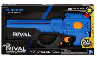 BNIB Nerf Rival Charger MXX -1200 Blaster Blue Color  6 C size battery operated motorized FN P90 gun w 24 high impact rounds Hasbro TRU