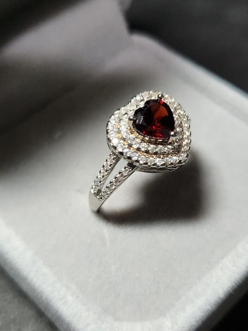 Natural Garnet Man Made Diamond Ring Sparkling Red Heart Design