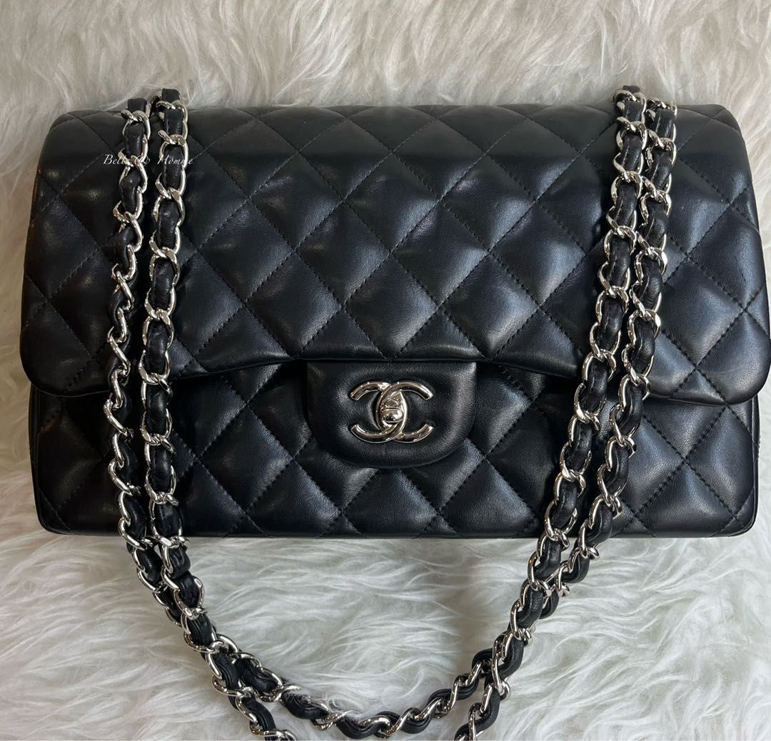 Chanel Black Lambskin Jumbo Double Flap in SHW, Luxury, Bags