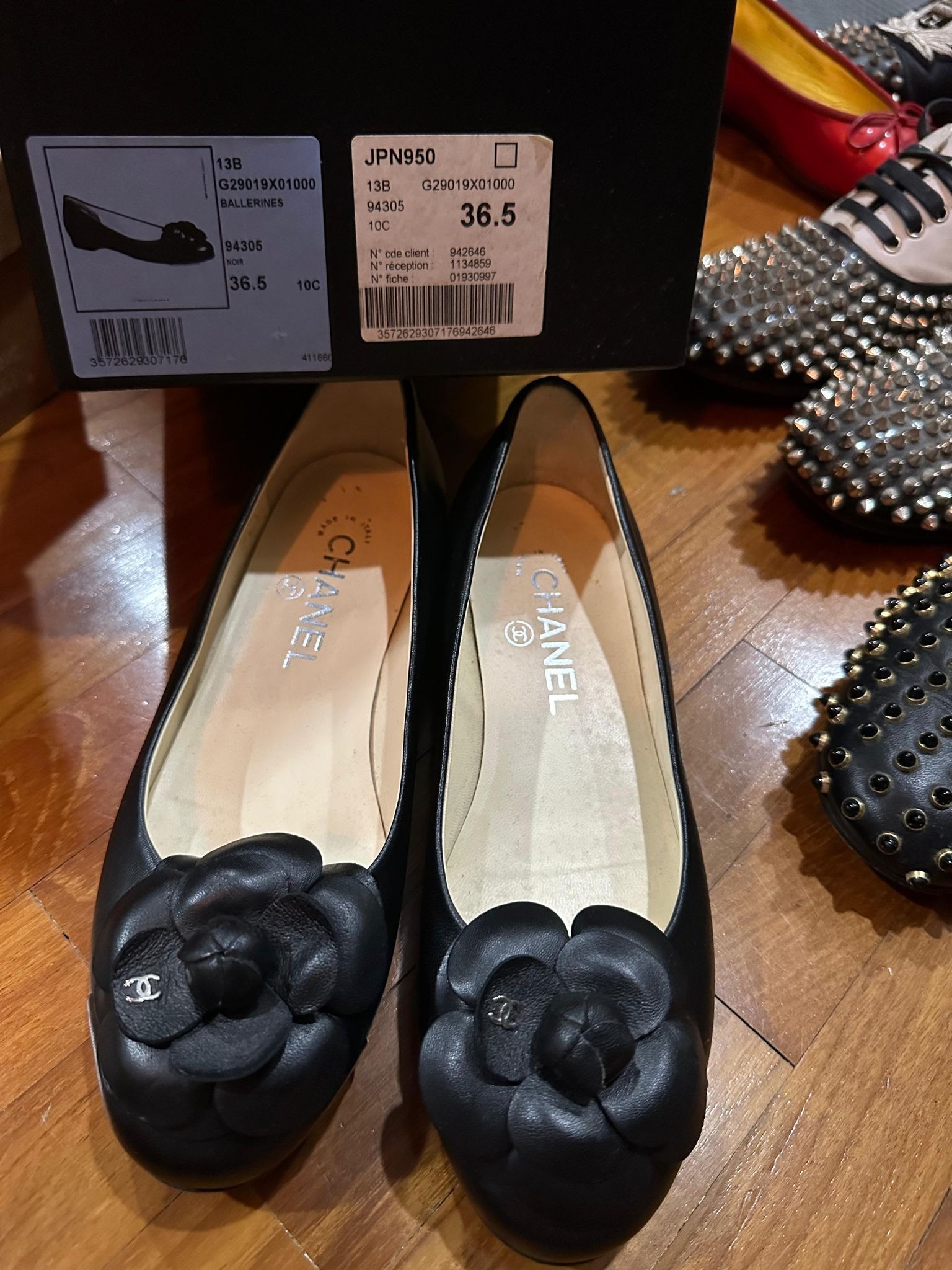 Chanel 23P Dark Denim Logo Ballerinas Flats Size 37C BNIB