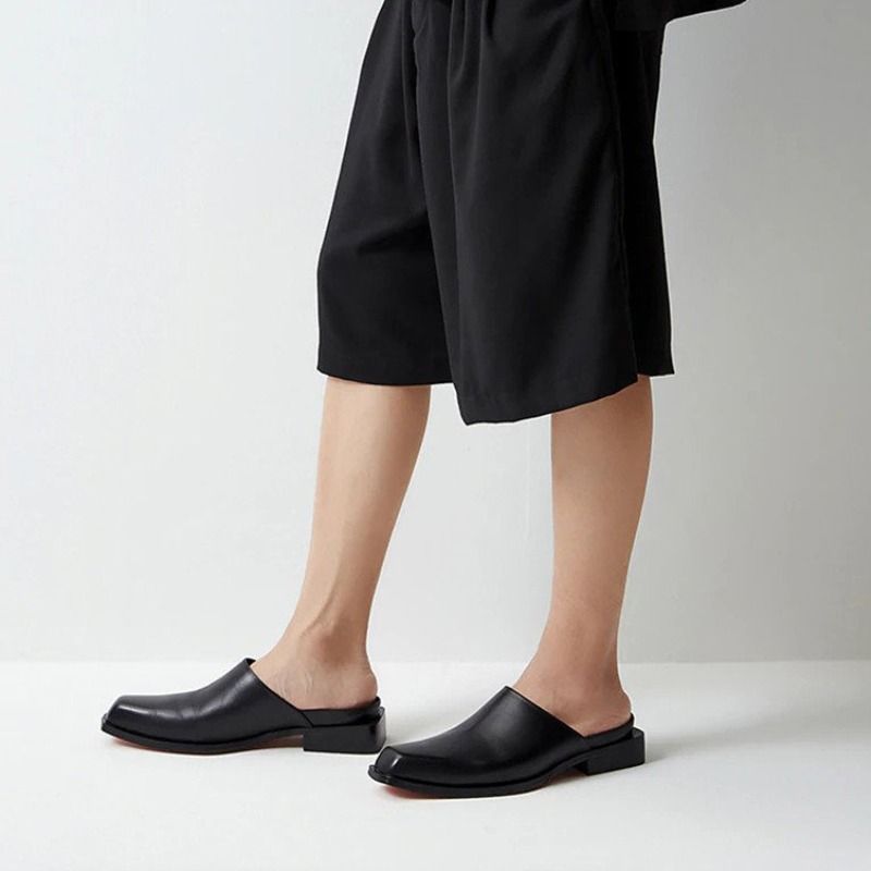 CHEAP LIKE NEW STYLISH TRENDY GENUINE CALF LEATHER SQUARE TOE SLIP ON MEN MULES SHOES BLACK