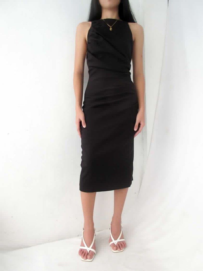 EMBELLISHED HALTER MIDI DRESS IN BLACK
