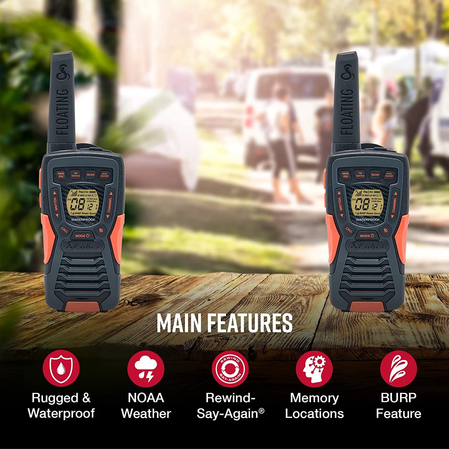Cobra ACXT1035R FLT Floating Walkie Talkies for Adults Waterproof,  Rechargeable, Long Range up to 37-Mile Two Way Radio with NOAA Weather Alert   VOX, (2 Pack) (ACXT1035R FLT) (Radios), Mobile Phones