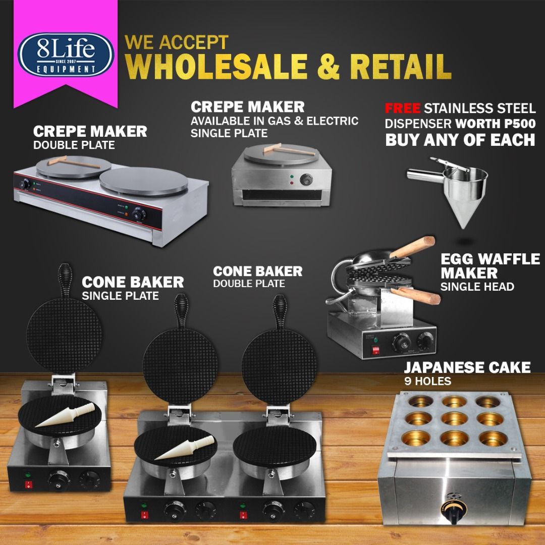 Electric Crepe Maker (Category: Bakeware) located in Valenzuela. Submitted by eightlife_trading (Listing ID 238462185, Image 3). Description: FREE stainless steel waffle DISPENSER worth P500 (while supply lasts) OTHER AVAILABLE PRODUCTS: • Belgian Waffle Maker • Bread Toaster • Hotdog Waffle Maker • Panini Contact Grill • Takoyaki Maker • Egg Waffle Maker • Dougnut Waffle maker • Waffle dispenser / Stainless steel funnel • Noodle Cutter Electric 