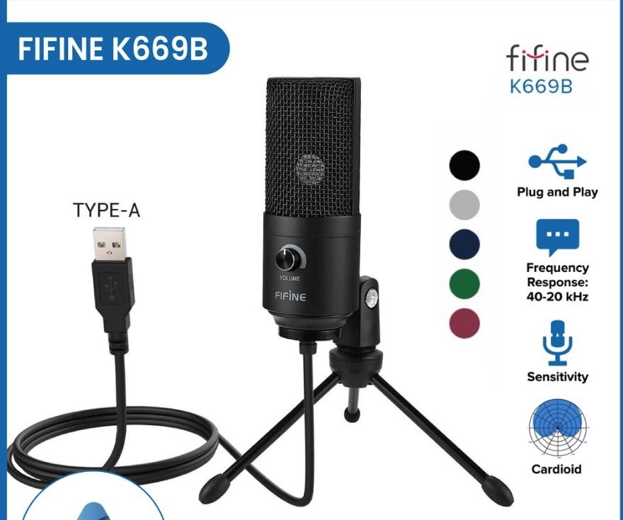 Fifine K669B Cardioid Black USB Condenser Microphone with Tripod, Microphones
