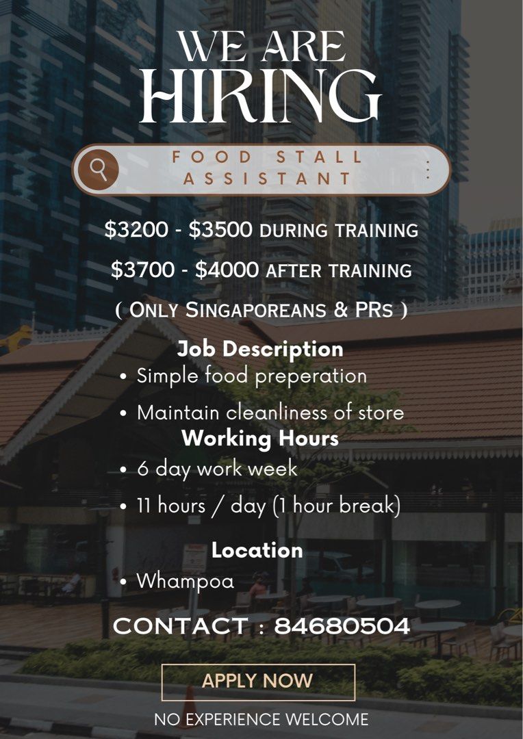 Food Stall Assistant/ Hawker/ FnB, Jobs, Hospitality, F&B on Carousell