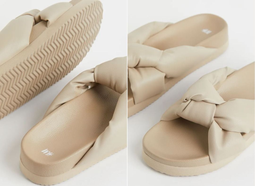 H&M Platform Slippers Knot-detail Slides (Category: Flats & Sandals) located in Santa Rosa. Submitted by styleutopia (Listing ID 1242957341, Image 2). Description: Bought & shipped from H&M US. Original price: $29.99 Used once. Size: US 5 Slides in soft imitation leather with wide foot straps that form a decorative knot. Patterned soles. Article number:1067038002 Heel Height: No heel Footwear type: Platform, Sandals Description: Beige, Solid-colo