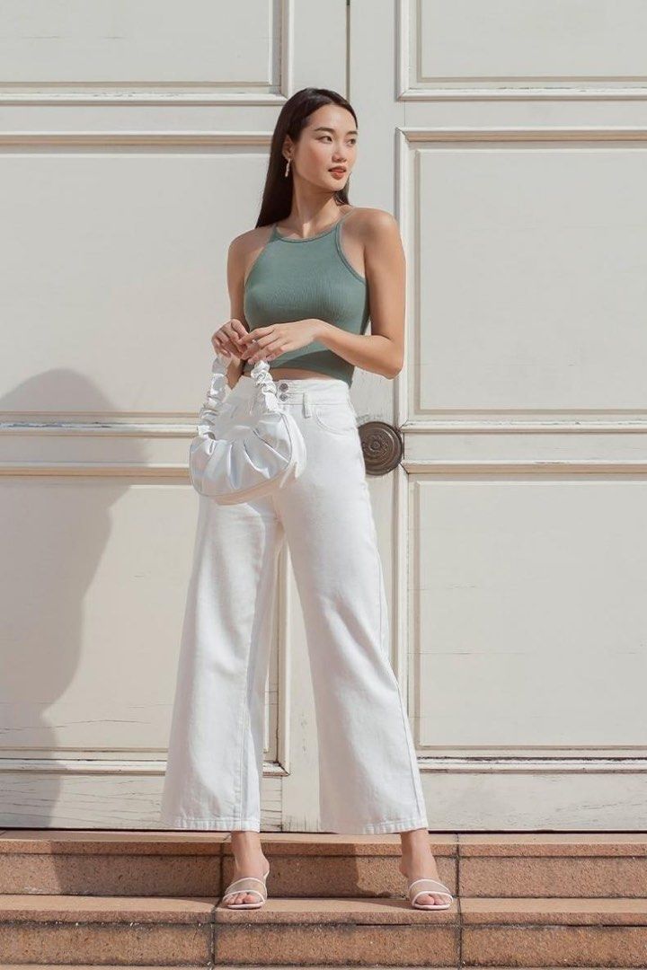 Lovet Rule Breaker Double Button Wide Leg Jeans in White Women s
