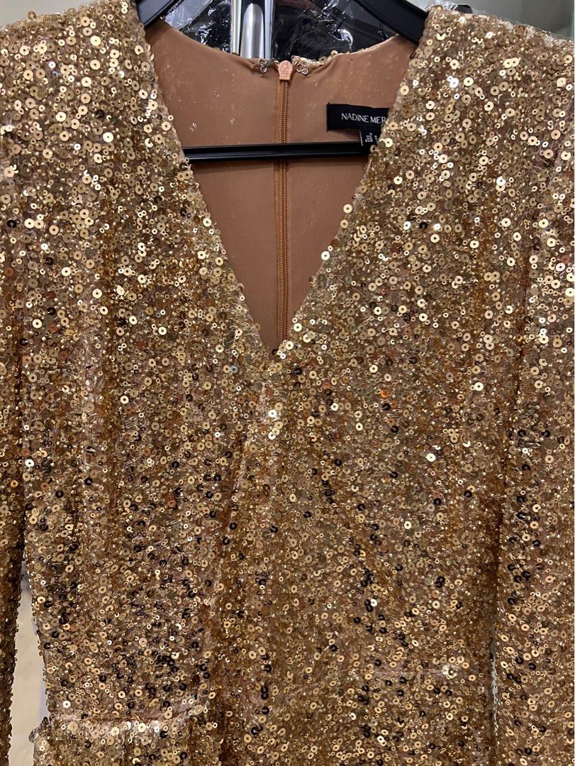 Nadine Merabi Leah Gold Sequin Dress Womens Size Uk S/M = 10 BRAND NEW