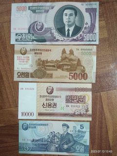 North Korea Banknotes 5000, 10000, 5000, 5 Won