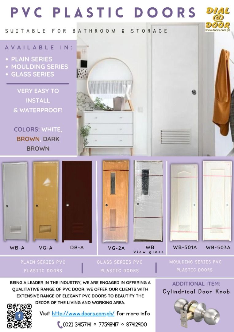 PVC PLASTIC DOOR - Plain or Customize with Glass (Category: Locks, Doors & Gates) located in Mandaluyong City. Submitted by peqxy (Listing ID 1242949761, Image 1). Description: PVC PLASTIC DOOR complete with PVC Jamb, Hinges & Brackets We also CUSTOMIZE SIZE to fit your needs Please visit our fb page, search: dialadoorph .