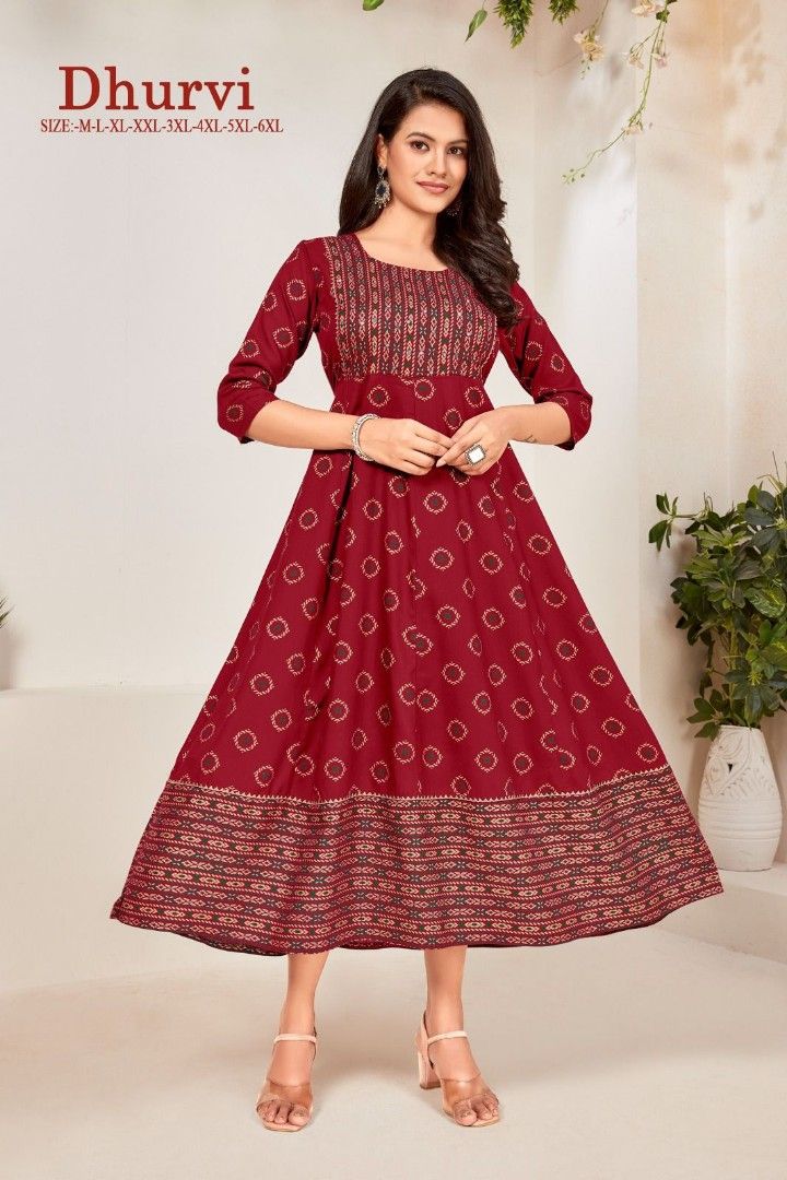 Rayon Foil Print Flair Gown with neck Mirror work