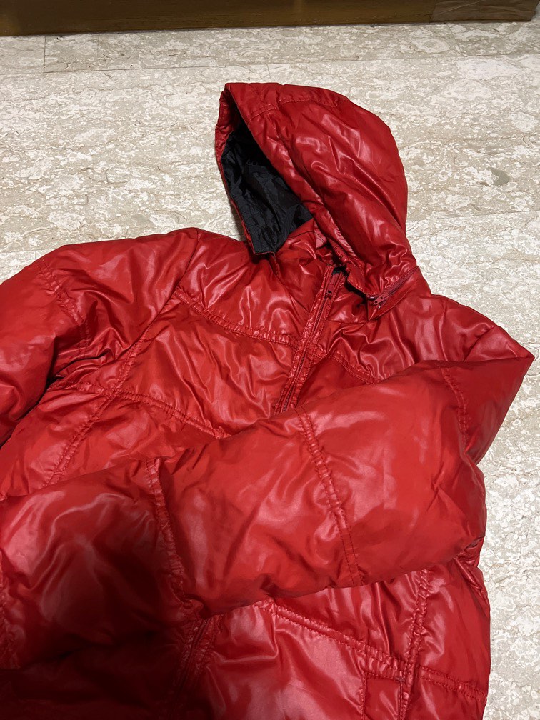 Red shiny puffer jacket shop