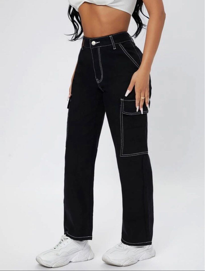 SHEIN PETITE High Waist Ripped Straight Leg Jeans