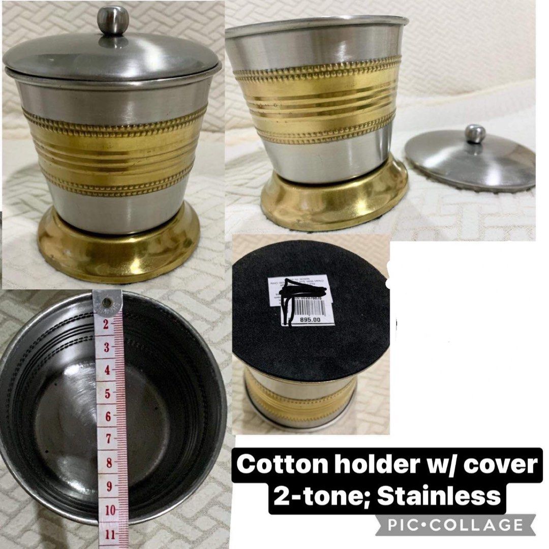 Stainless Cotton Holder w/ Cover (Category: Bathroom & Kitchen Fixtures) located in Makati City. Submitted by primestuff (Listing ID 1243002122, Image 1). Description: Stainless Cotton Holder w/ Cover 4pcs - 2 pcs two-tone and 2 pcs Silver Original Price- P895.00 Bought and stored. No box. RFS- Decluttering MOP- GCash/BPI Delivery can be arranged via Lalamove/Grab. SF c/o buyer. Pls check my other listings. Thank you. .