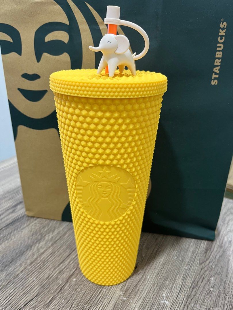 Starbucks Summer 2023 Yellow Bling Cold Cup with Elephant Stopper (24oz),  Furniture & Home Living, Kitchenware & Tableware, Water Bottles & Tumblers  on Carousell