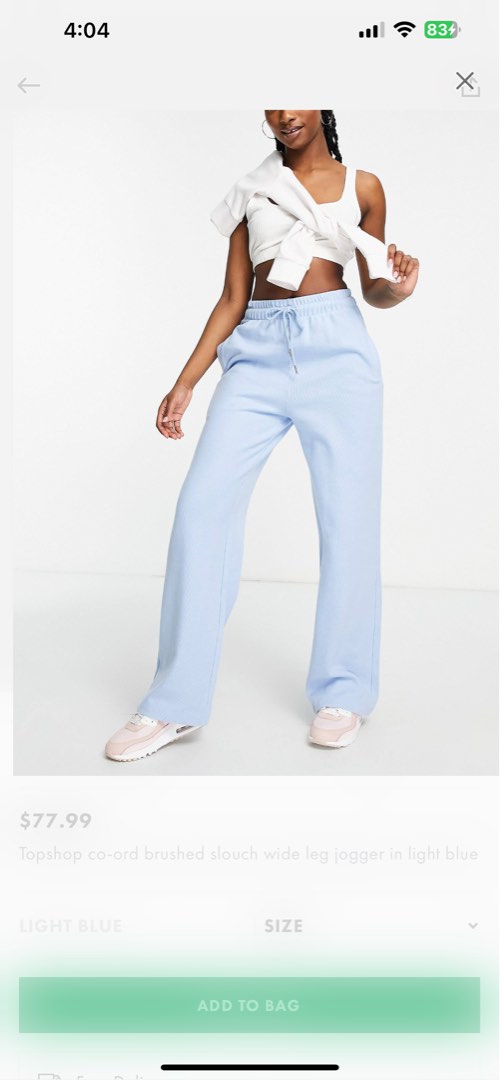 Topshop baby blue light blue wide leg flare bottoms joggers Women s Fashion Bottoms Jeans Leggings on Carousell