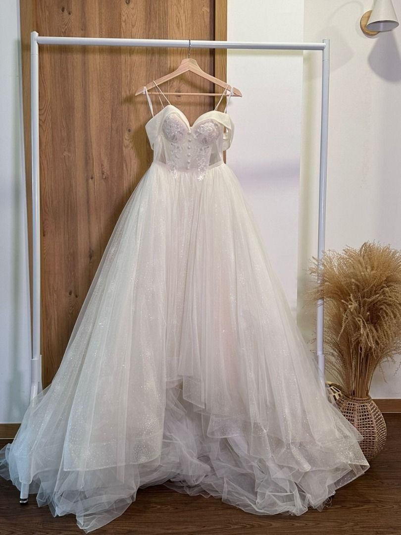 White Lace Wedding Gown Front Short Back Long Train Corset Back WG005