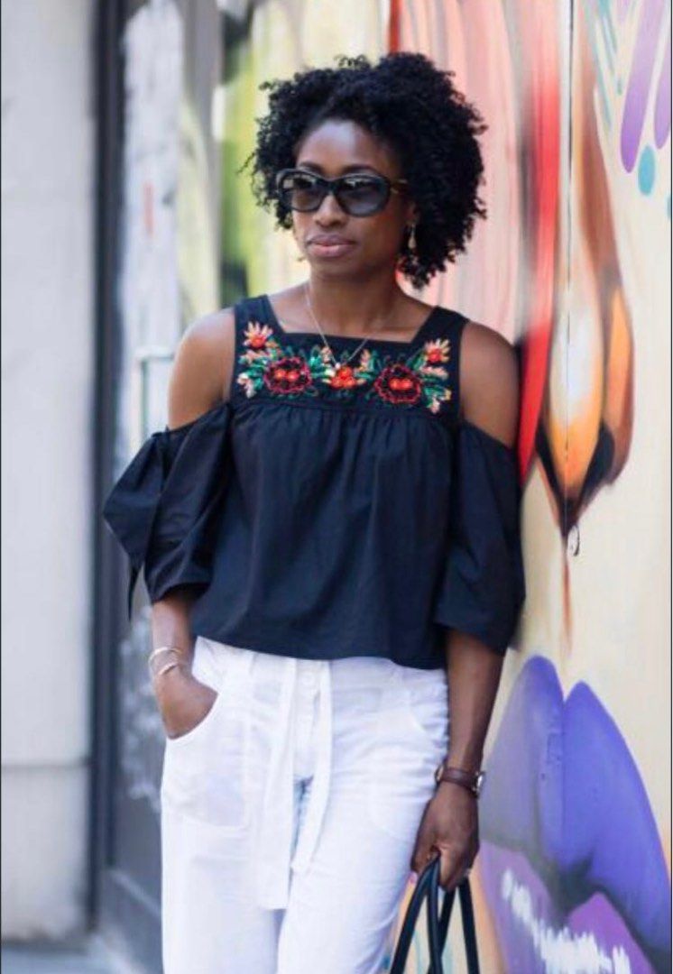Zara cold shoulder black top with flower embroidery