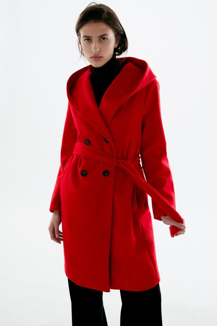 ZARA soft coat with hood and belt red