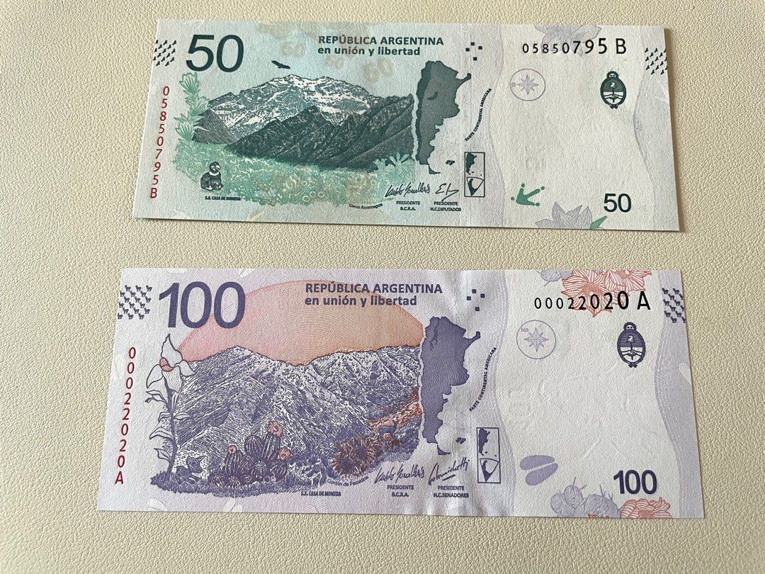 阿根廷🇦🇷 Argentina 50 及100 UNC 外國錢幣, 興趣及遊戲, 收藏品及紀念品, 錢幣- Carousell