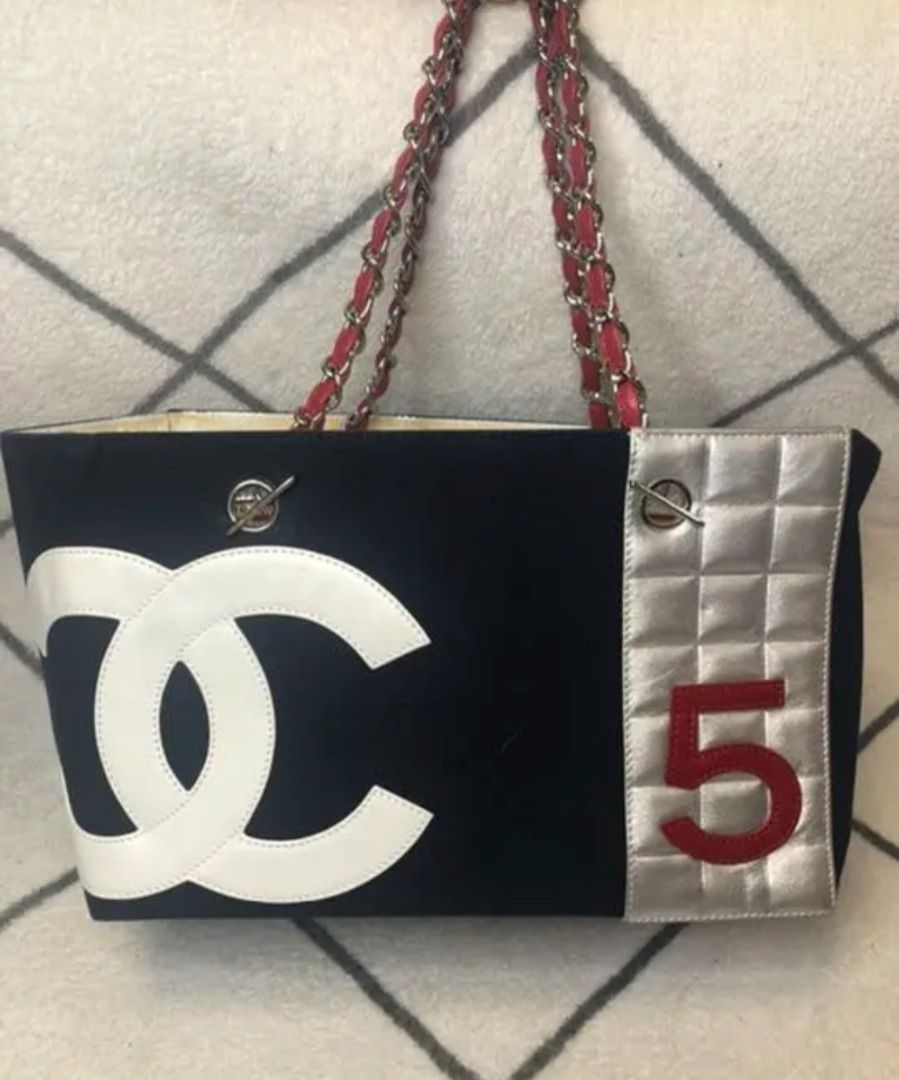 Chanel Tote No.5 Coco Mark Chain Shoulder Tote Bag Navy×White×Silver×Red F/S