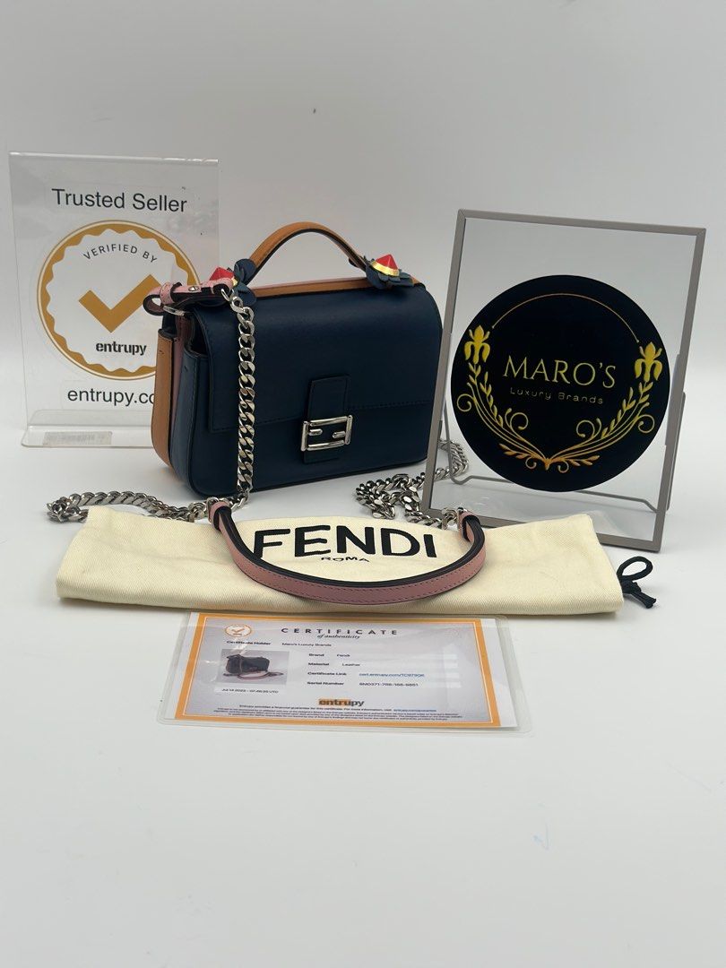 Authentic Fendi Leather Flowerland Micro Double Baguette sling Bag with Entrupy Cert. Dustbag LHW 6.9x4.5x1.2in