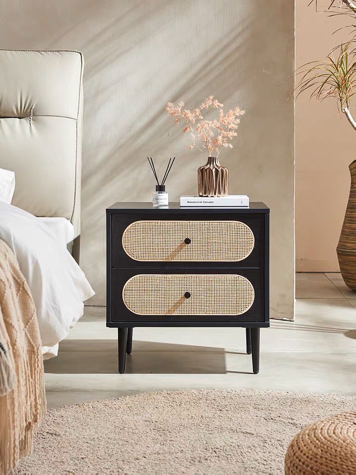 Black top rattan bedside