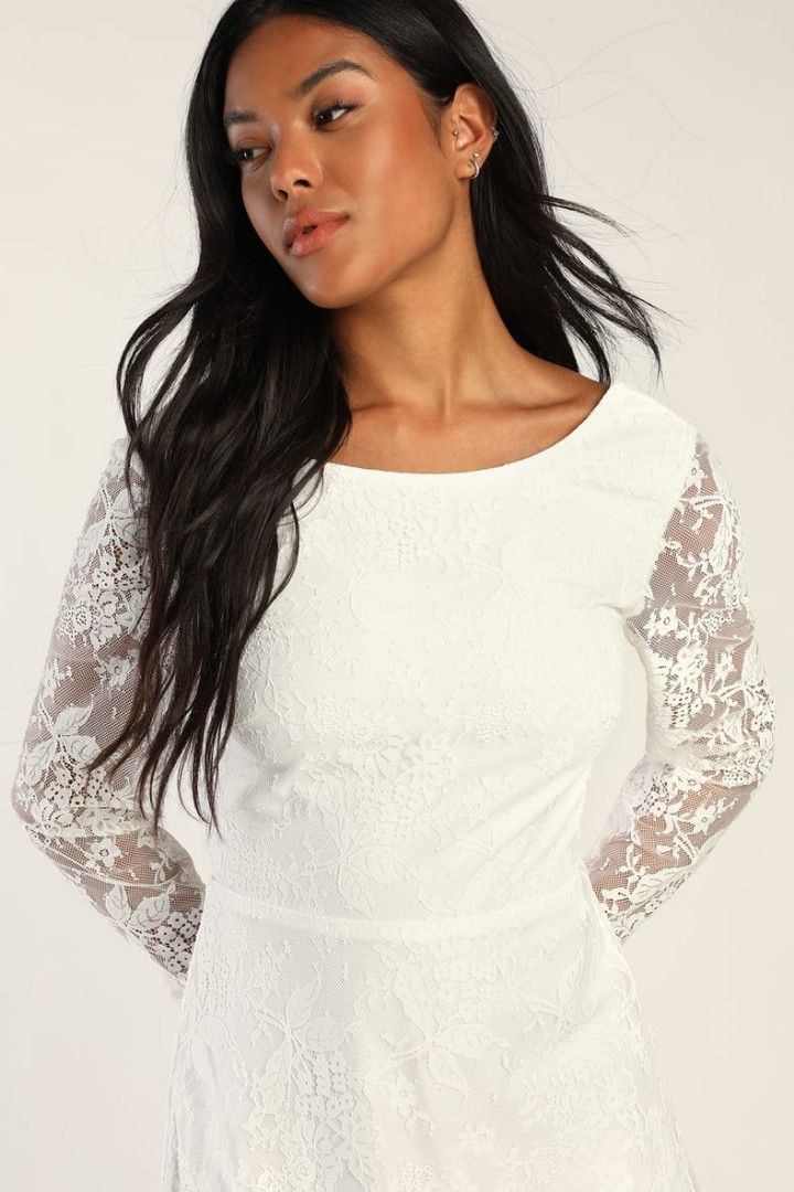 BNWT AVERY White Lace Backless Long Sleeve Floral A Line