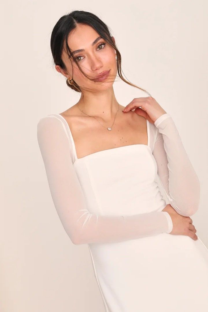 White mesh long hot sale sleeve dress