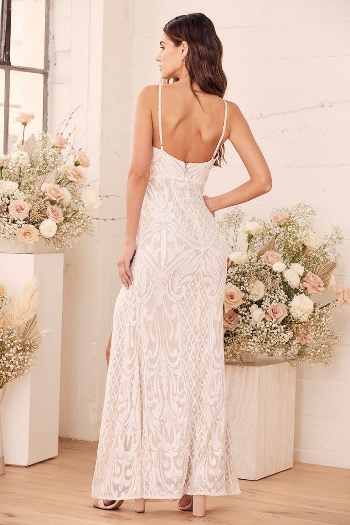 BNWT MADISON Beige and White Sequin Spaghetti Strap Maxi
