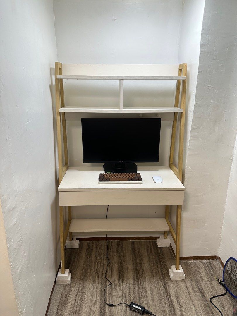 [RUSH] Desk Table Shelf With Cabinet (Category: Office Furniture & Fixtures) located in Mandaluyong City. Submitted by logbilog (Listing ID 1243089335, Image 1). Description: Selling Desk Table with Cabinet Details: Width - 84cm Depth - 40cm Height - 150cm Used for a year or two. May super kaunti pong mga gasgas due to age/use po but super super OK pa naman. The photos say it all na po, nothing much to describe except for its feet. Originally wal