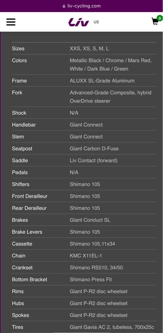 Giant liv avail size chart deals