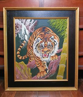 Large Vintage Japanese Embroidery "Tiger Descending The Mountain" In Glass and Wooden Frame