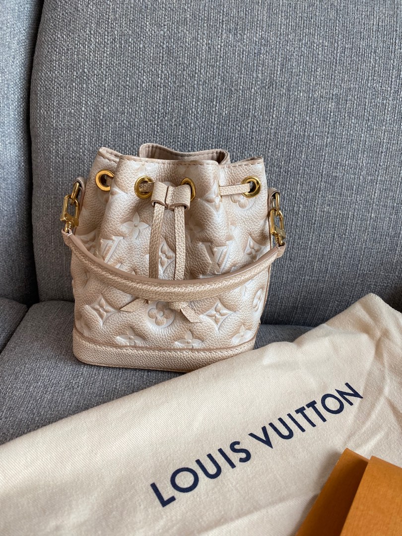 Limited edition! LV Louis Vuitton Nano Noe Bucket Hobo Bag in Gold & Light  Beige Monogram Empreinte embossed leather