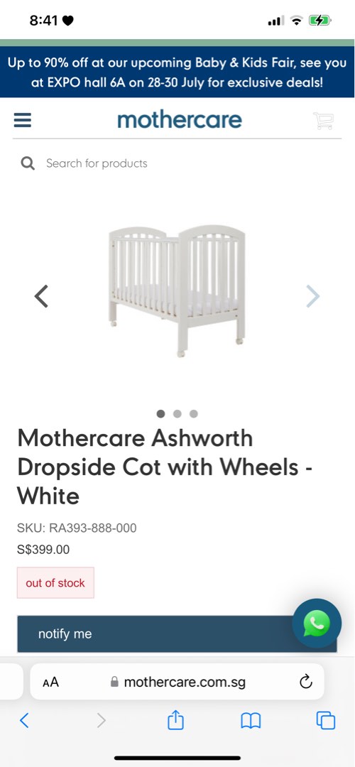 Mothercare Ashworth DropSide Cot with Wheel + Pocket spring mattress
