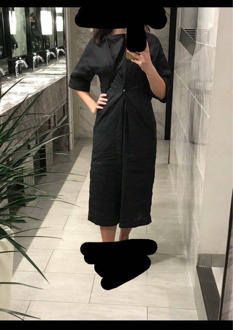 Muji French linen dress charcoal size s, Women's Fashion, Dresses